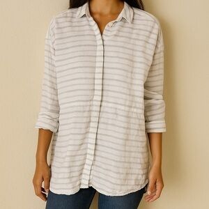 AYR white thin grey striped linen button down tunic top